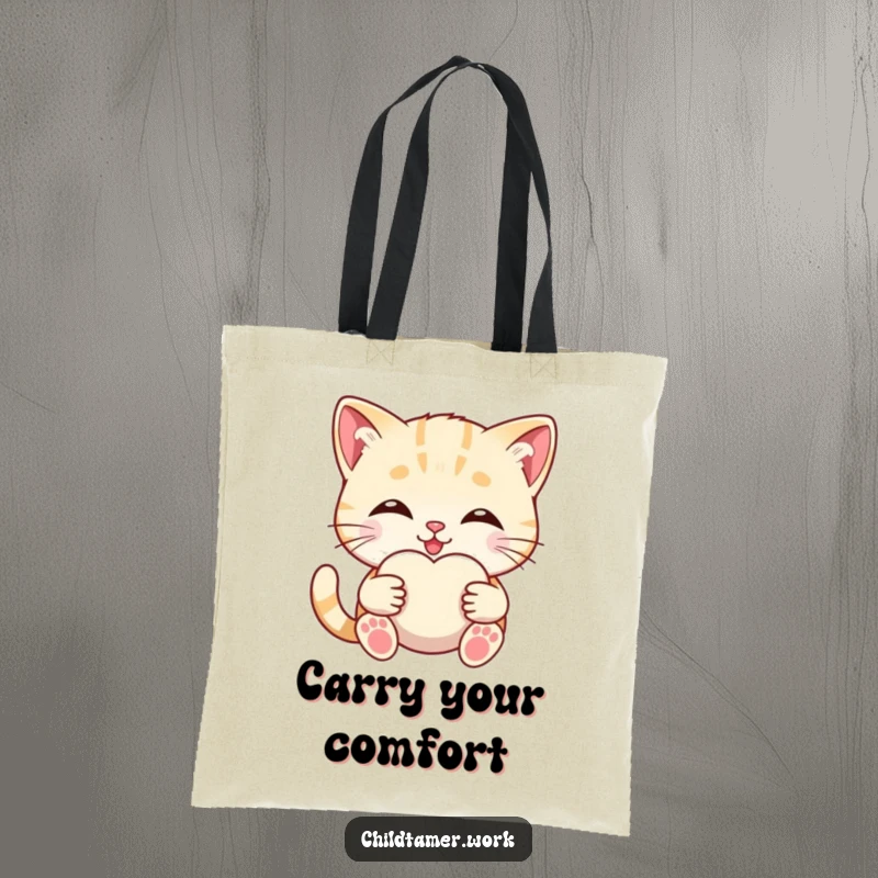 Funny kitten offering a soft comfort object on a tote bag, cute and practical accessory.