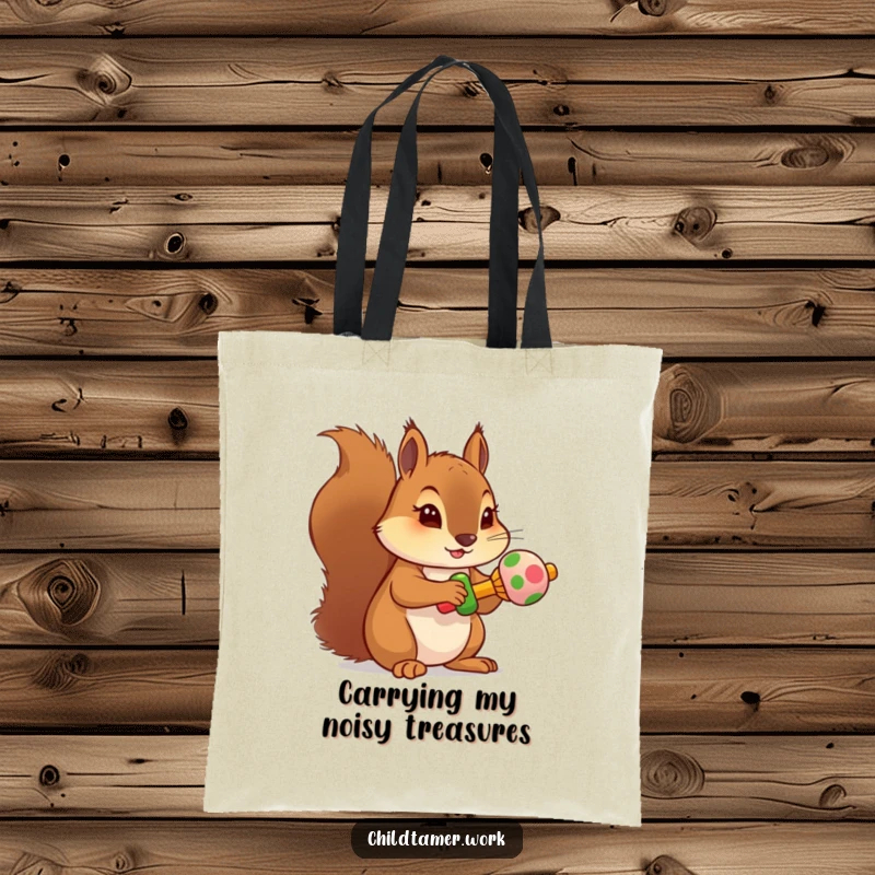 Funny squirrel rattle tote bag with a determined character holding a miniature, colorful rattle, perfect for errands.