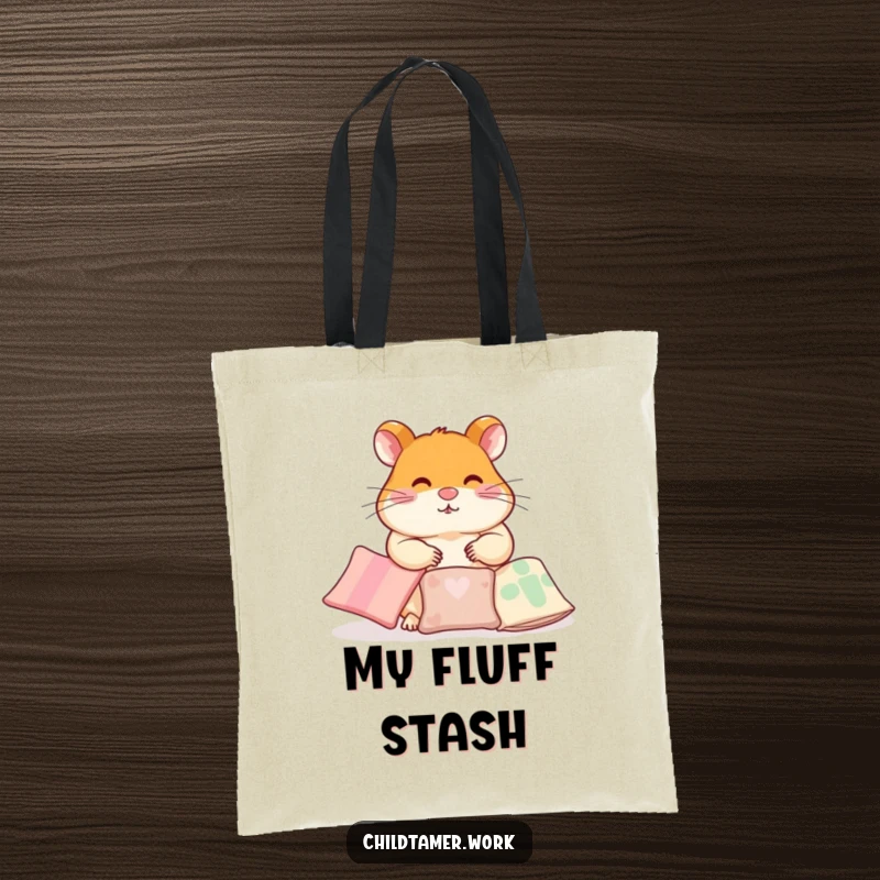 Funny Tote Bag with a diligent hamster character humorously arranging small pillows, ready to carry your items with care.